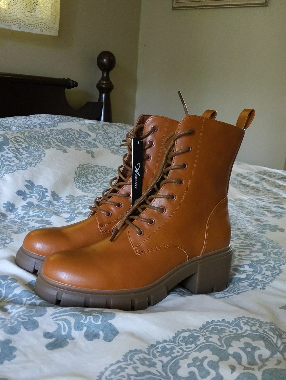 Tan Lace-Up Chunky Heel Ankle Boots with Side Zipper - Picture 2 of 4